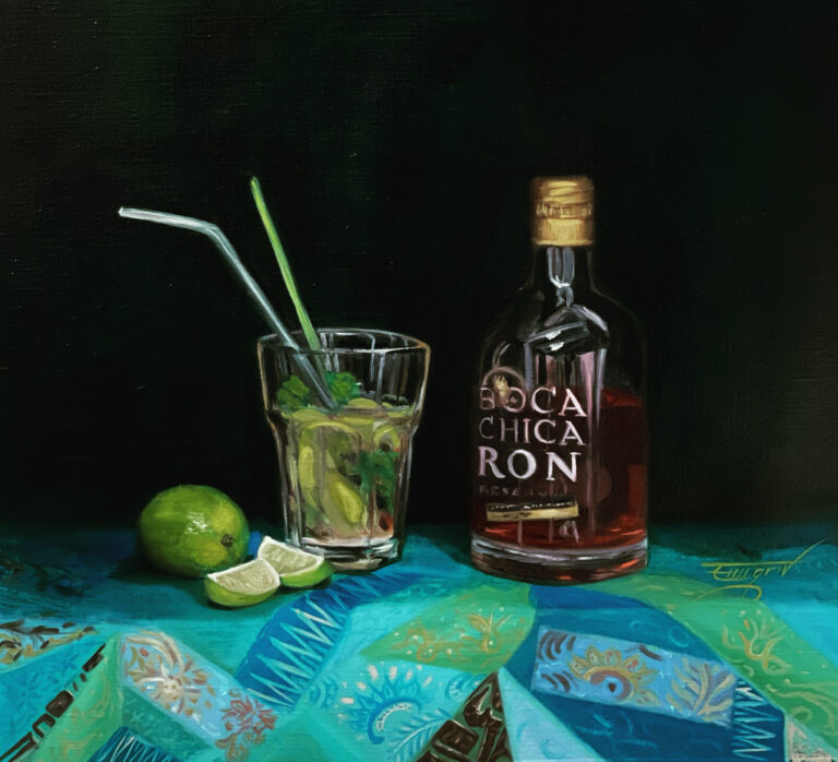Oil painting still life depicting a mojito cocktail with lime and a Boca Chica rum bottle on a patterned surface
