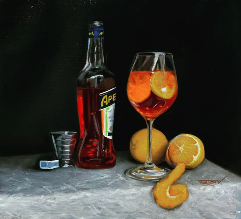 Oil painting still life of a spritz cocktail with Aperol bottle, citrus fruit, and glass on a dark background.