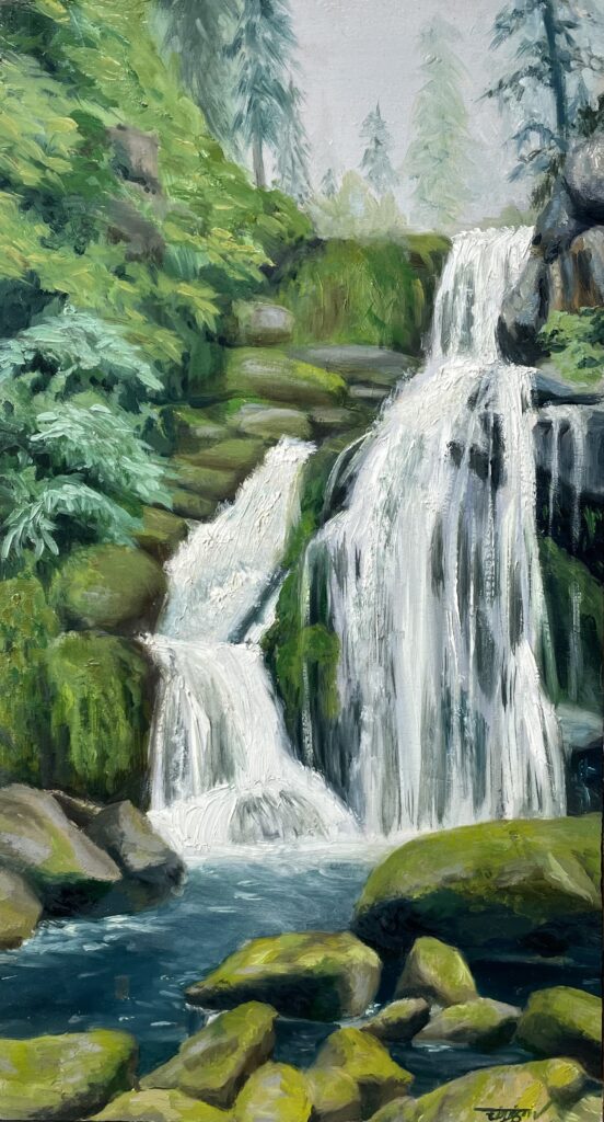 Oil-on-board landscape painting of a forest waterfall surrounded by rocks, moss, and dense green foliage.
