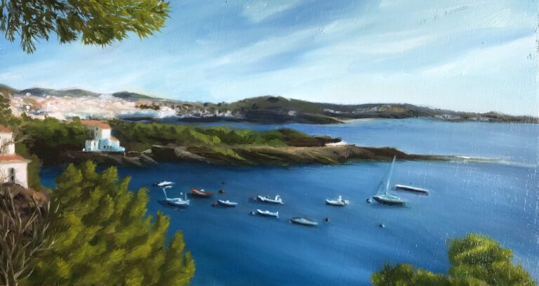 Oil landscape painting of Cadaqués showing a Mediterranean bay with anchored boats, blue water, green hills, and coastal buildings.