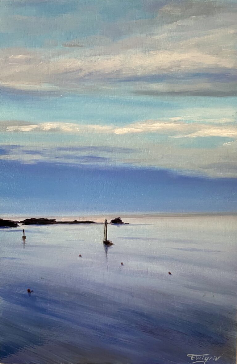 Oil-on-board evening seascape of Cadaqués showing calm water, soft blue tones, distant shoreline, and a small sailboat at dusk.