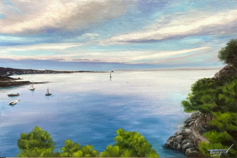 Oil-on-board evening seascape of Cadaqués showing calm water, distant boats, soft clouds, and Mediterranean light at dusk.