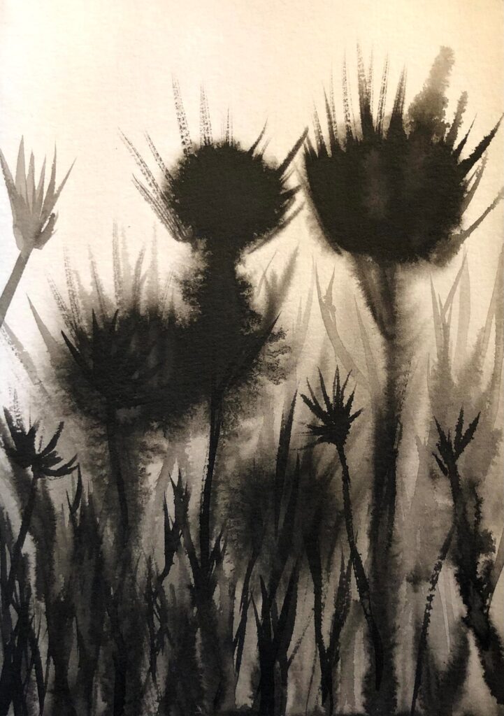 Indian ink painting of thistles, organic forms emerging within an imaginary forest.
