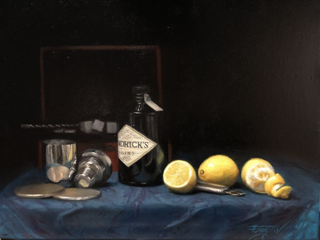 Oil painting still life with Hendrick's gin bottle, lemons, and bar tools – Cocktail Time, 2019