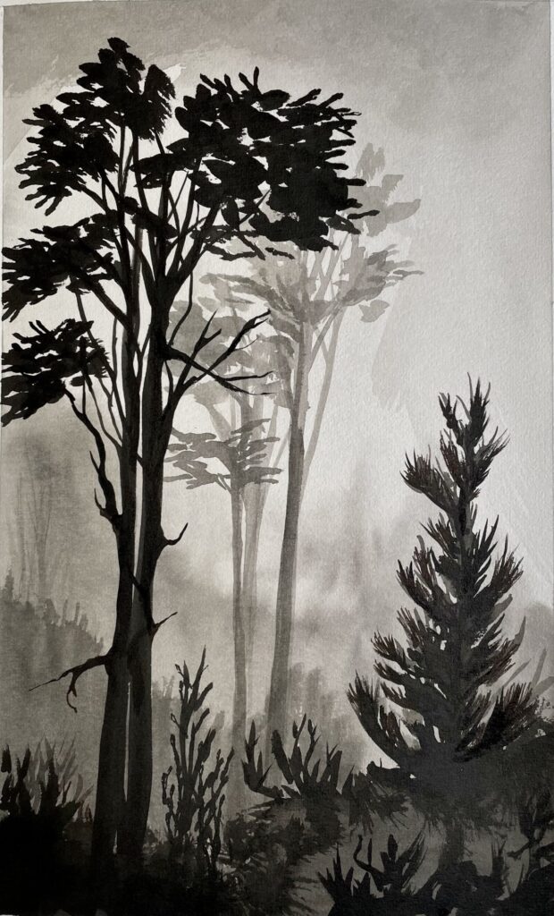 Indian ink painting depicting tall trees in an imaginary forest, with contrasting silhouettes emerging from mist and shadow.
