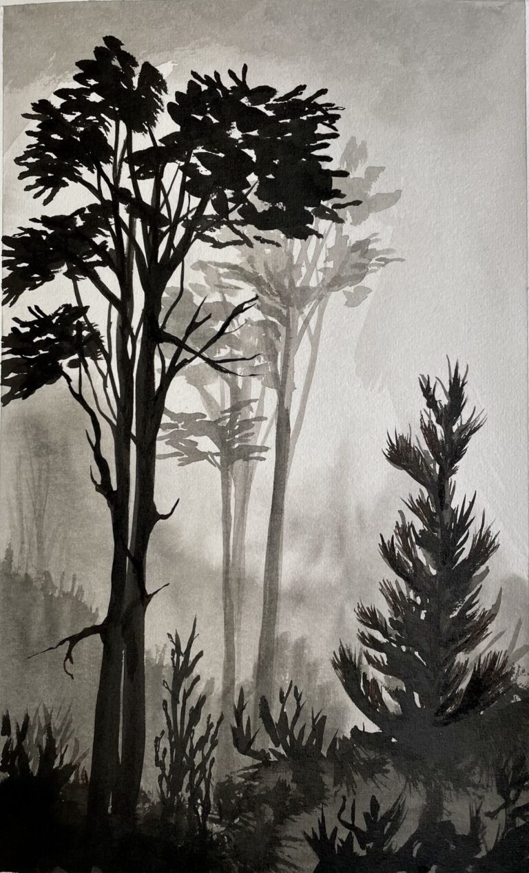 Indian ink painting depicting tall trees in an imaginary forest, with contrasting silhouettes emerging from mist and shadow.