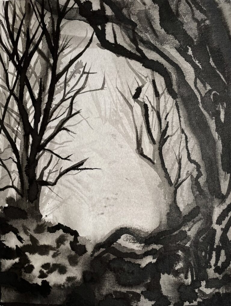 Indian ink painting depicting a forest interior with intertwined trunks and branches, evoking depth and shadow.