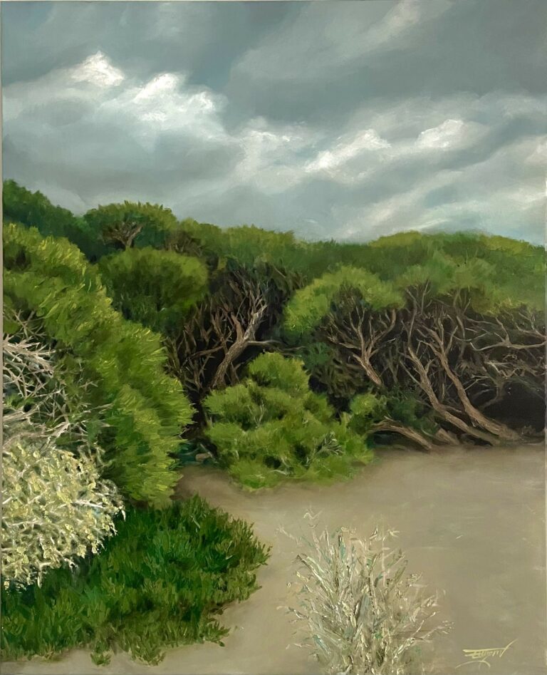 Contemporary oil painting depicting a Mediterranean landscape in Gavà Mar, Catalunya, just before rainfall, with dense vegetation beneath a heavy sky.