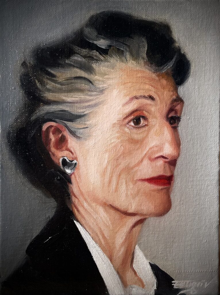Oil portrait of Harriet Walter painted on canvas board, shown in profile with subtle lighting and a neutral background.