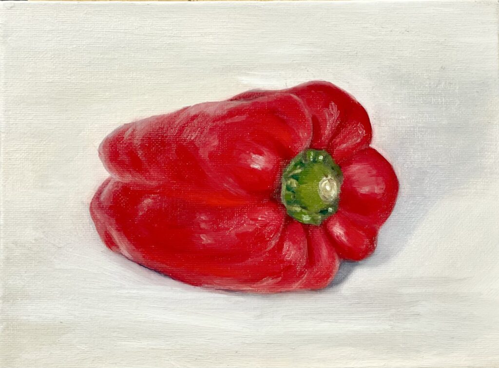 Still life painting of a red pepper on a light background, contemporary oil on canvas board.