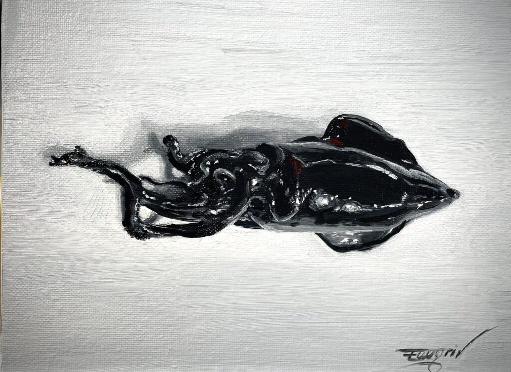 Oil painting of a squid with ink on a light background, focusing on form, contrast, and texture.