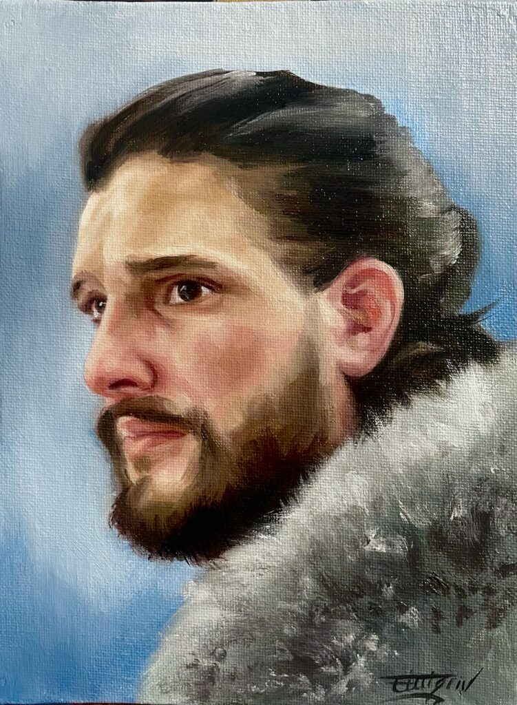 Oil portrait of Jon Snow painted on canvas board, shown in profile with cool tones, fur cloak, and a contemplative expression.