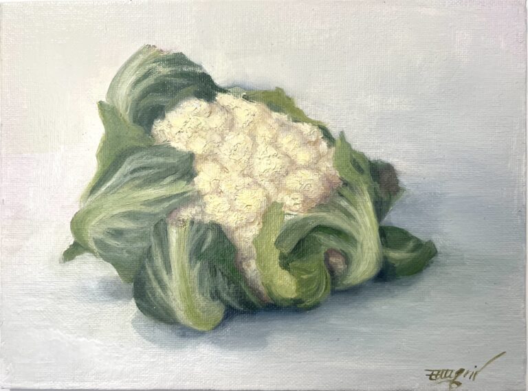 Still life oil painting of a cauliflower on a light background, emphasizing texture, volume, and natural forms.