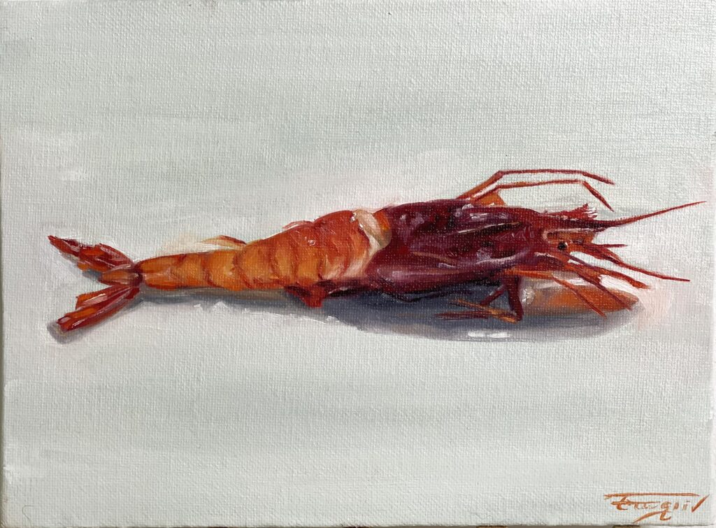 Oil painting of a shrimp on a neutral background, contemporary still life.