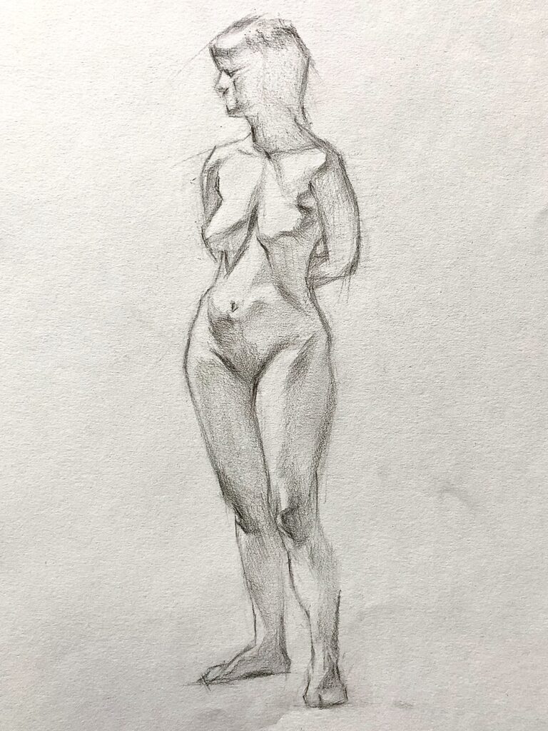 Pencil drawing of a standing woman, life study exploring posture, balance, and anatomical structure.