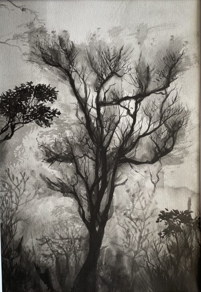 Indian ink painting depicting a stormy imaginary forest with bare trees, dark branches, and turbulent atmosphere.