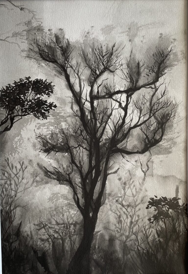 Indian ink painting depicting a stormy imaginary forest with bare trees, dark branches, and turbulent atmosphere.