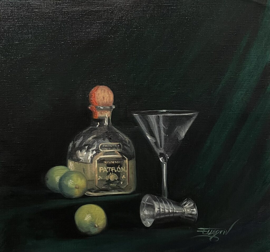 Margarita – Cocktail Time, oil painting still life with tequila bottle, glass, and limes
