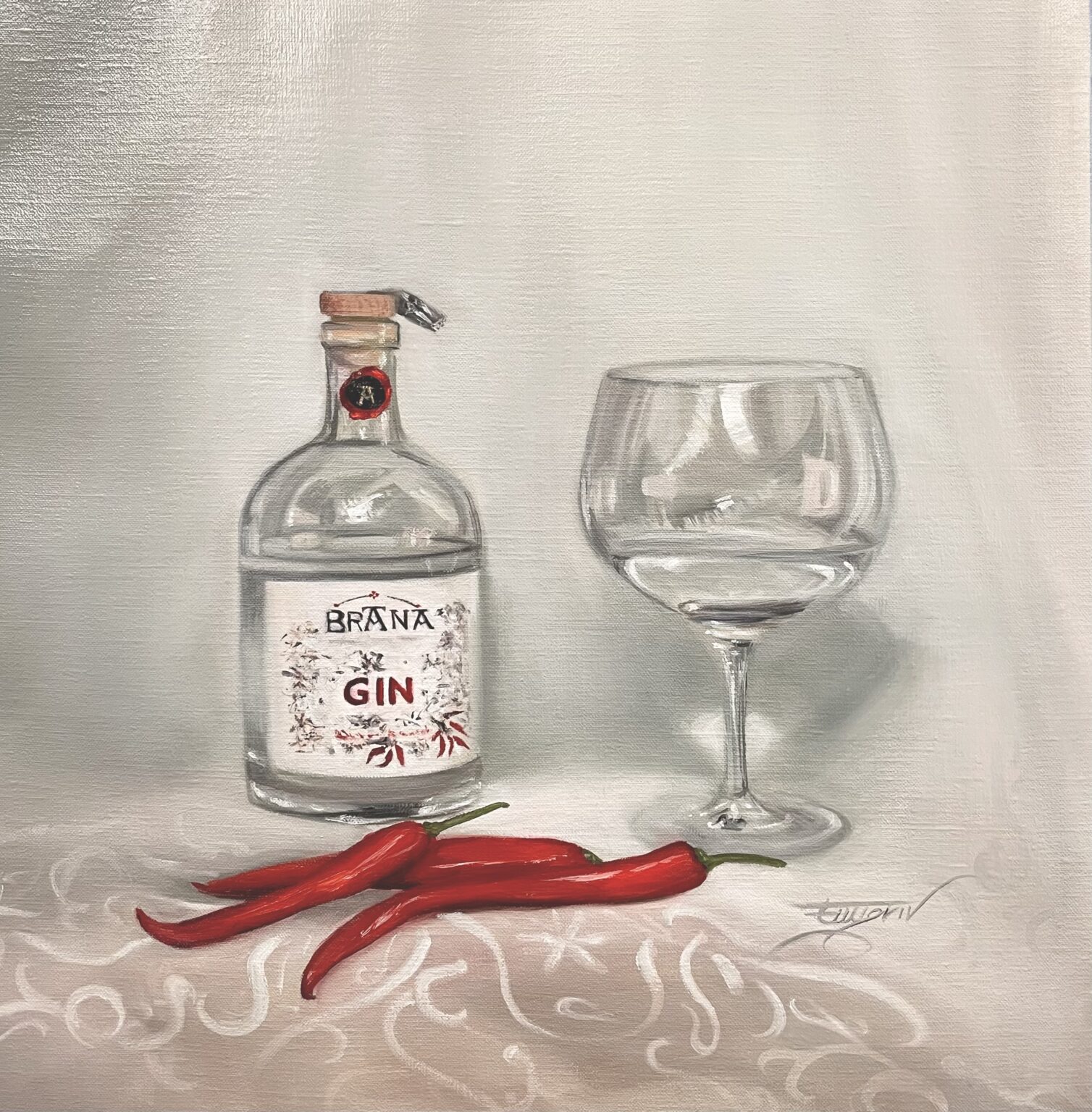 Still life oil painting of a Brana gin bottle, filled glass, and red chili peppers on a white surface.