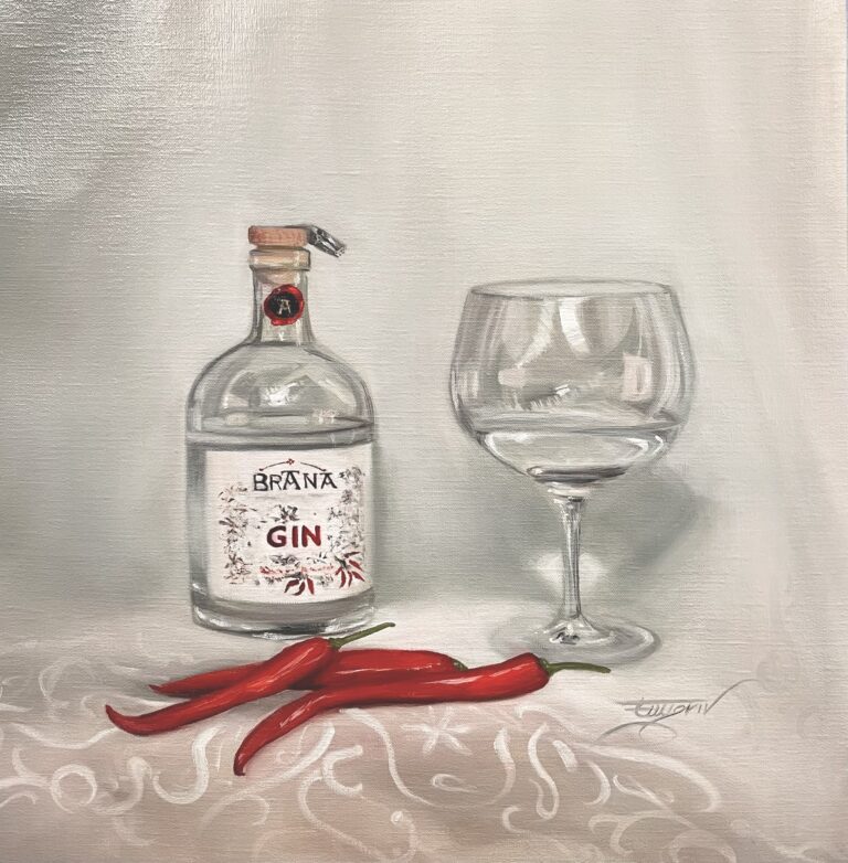 Still life oil painting of a Brana gin bottle, filled glass, and red chili peppers on a white surface.
