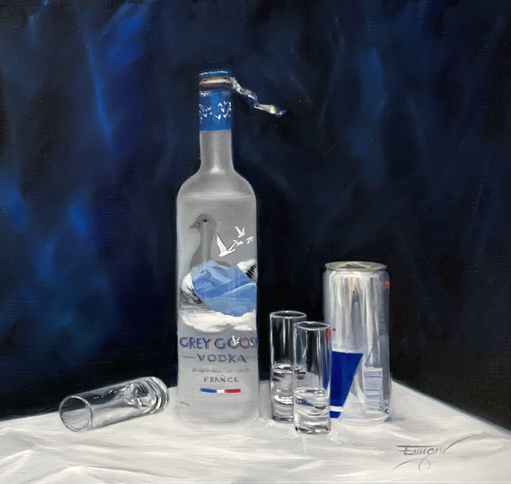 Oil painting still life with a Grey Goose vodka bottle, glasses, and blue reflections on a white surface.