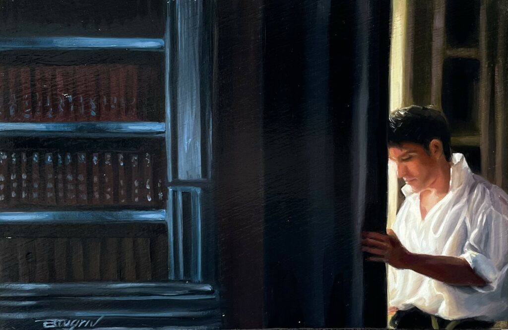 Figurative oil painting of a man standing in a library doorway, illuminated by soft light