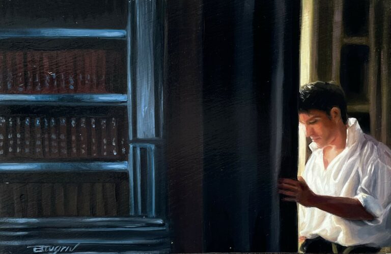Figurative oil painting of a man standing in a library doorway, illuminated by soft light