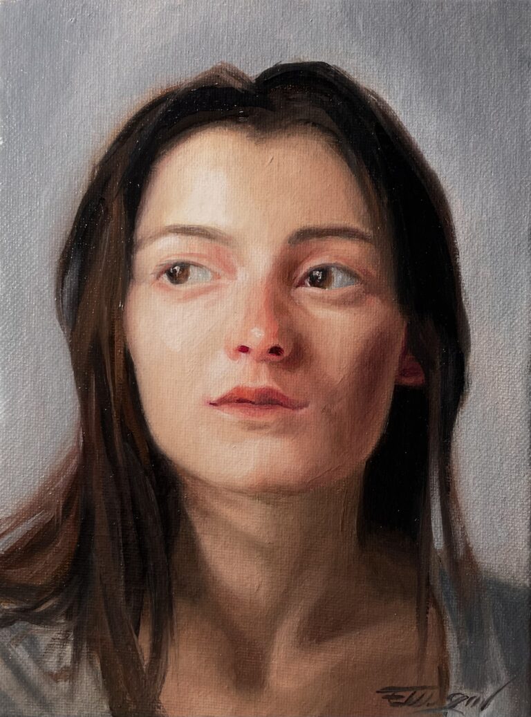 Oil portrait of a young brunette woman painted on canvas board, with soft lighting, neutral background, and a contemplative expression.