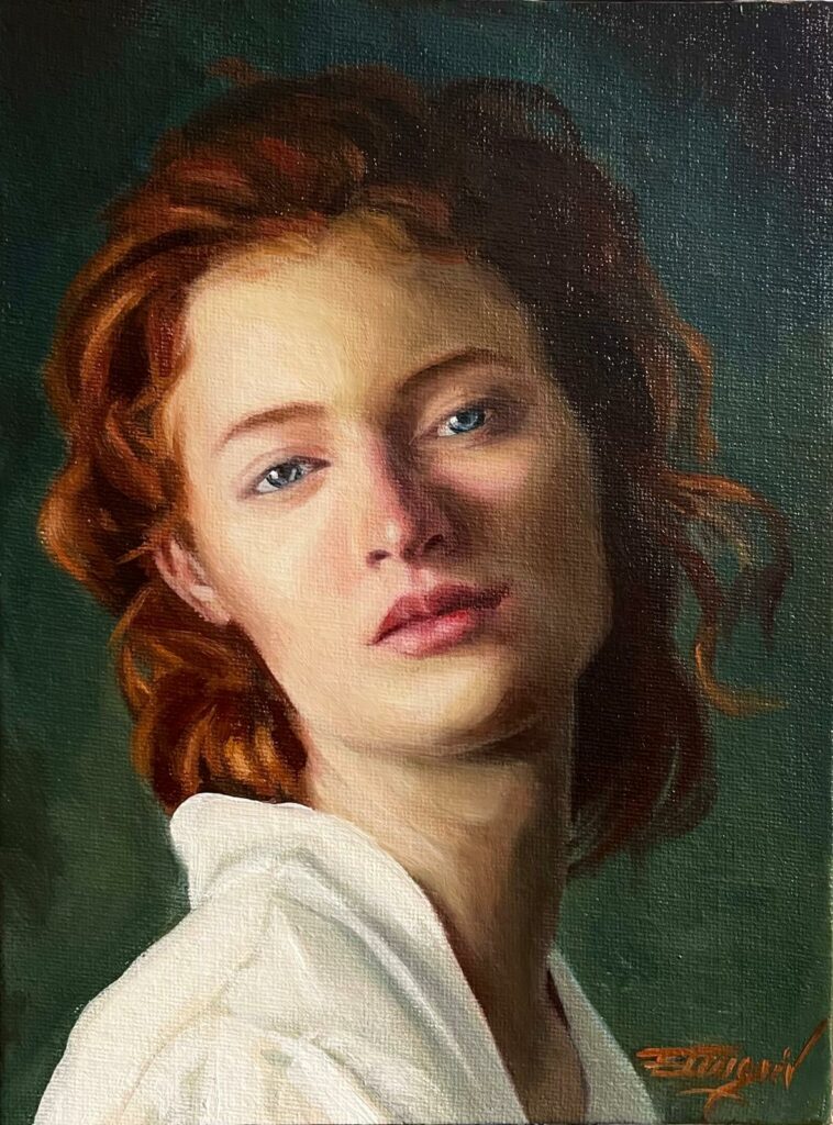 Oil portrait of a red-haired young woman painted on canvas board, with soft lighting and a contemplative expression.