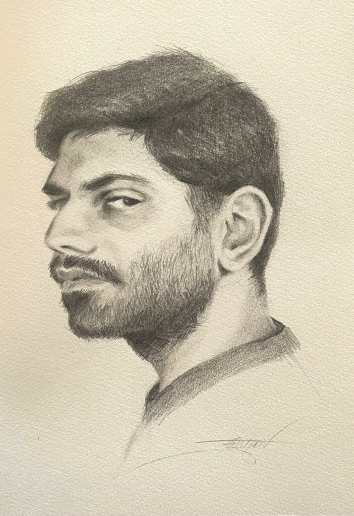 Contemporary pencil portrait drawing of a young man with dark hair, focusing on expression and subtle presence