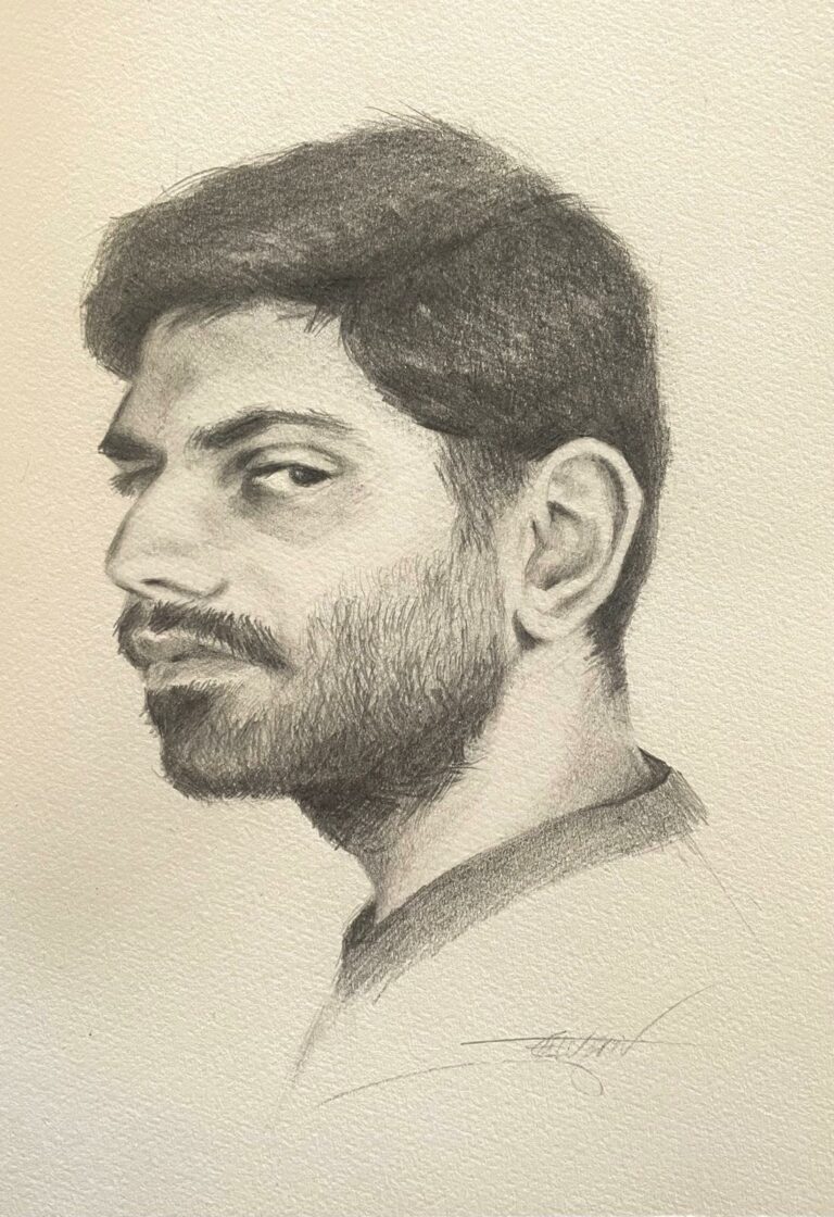 Contemporary pencil portrait drawing of a young man with dark hair, focusing on expression and subtle presence