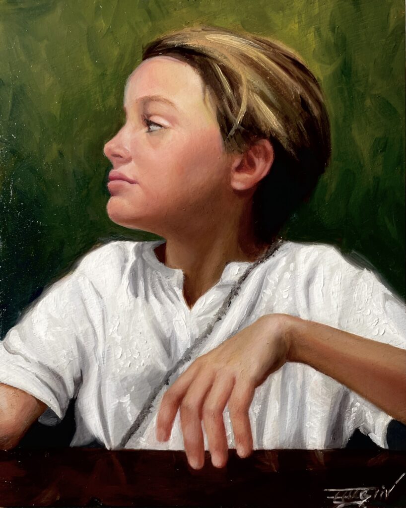 Oil portrait on board of a young person shown in profile, wearing a white shirt, with soft lighting and a green background.