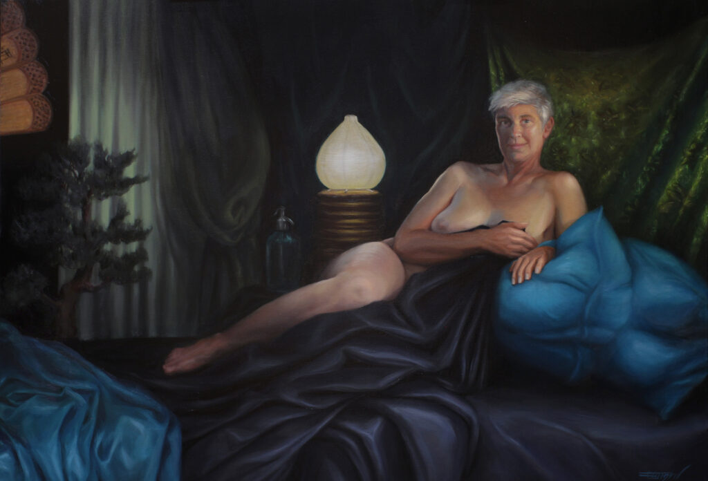 Large-scale figurative oil painting depicting an older nude woman reclining on a bed, reinterpreting the classical Venus motif.