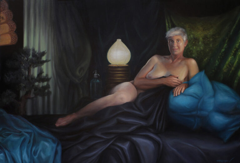 Large-scale figurative oil painting depicting an older nude woman reclining on a bed, reinterpreting the classical Venus motif.