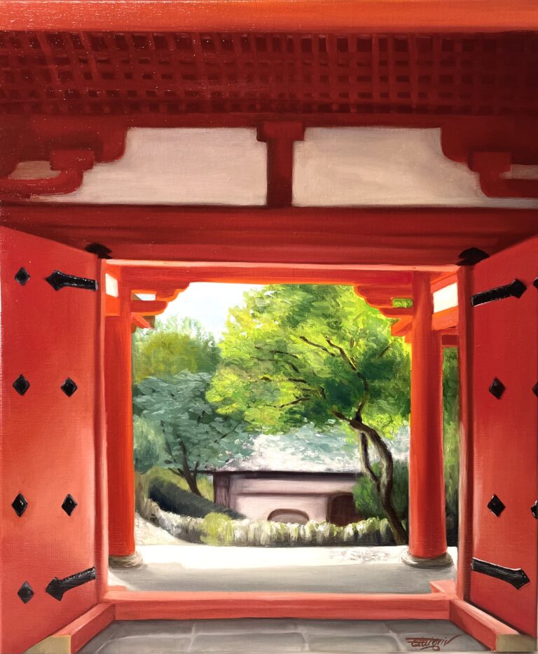 Oil painting of Kasuga Taisha shrine in Nara, framed by red wooden gates and greenery, Japan.