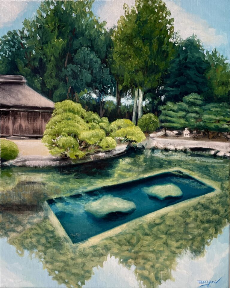 Korakuen, Okayama – oil painting of a traditional Japanese garden with pond reflections by Virginie Martin Blaise