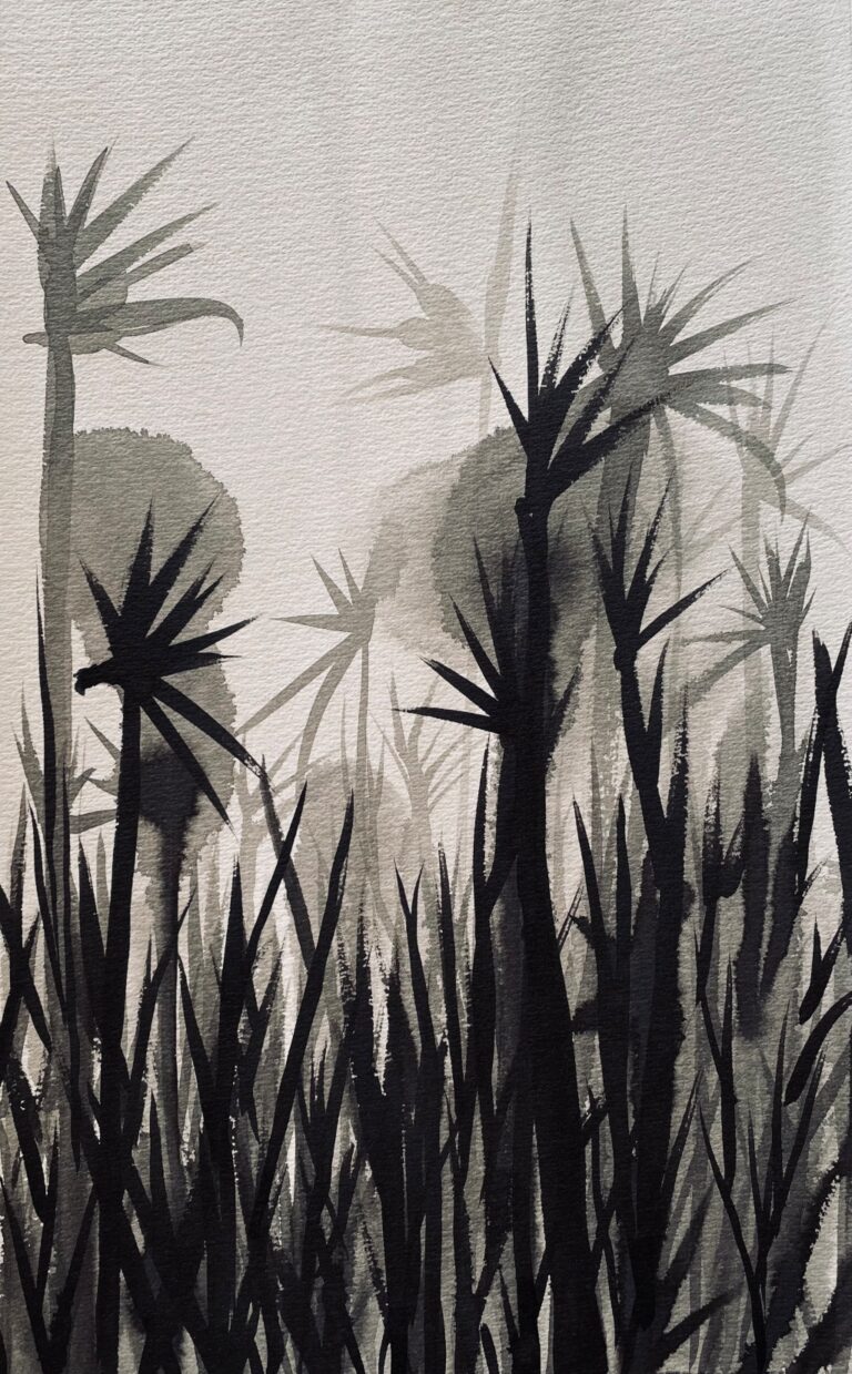 Indian ink painting depicting stylized bird-of-paradise-like plants rising in an imaginary forest, with layered silhouettes and misty depth.
