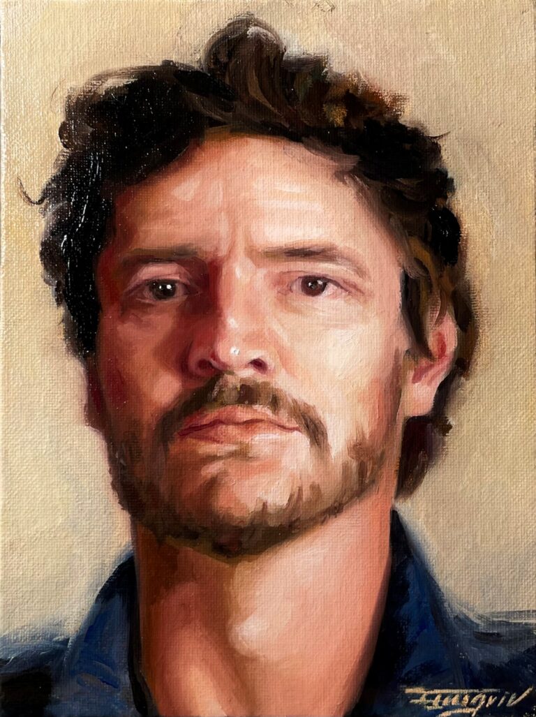 Oil portrait of Pedro Pascal painted on canvas board, shown frontally with expressive brushwork and a neutral background.