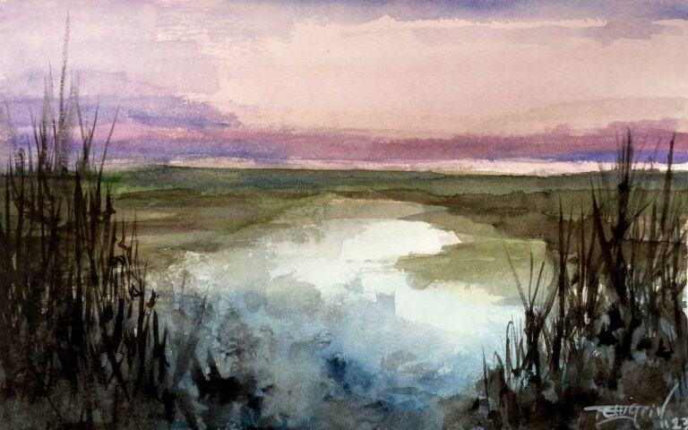 Watercolour painting of reeds and wetlands, soft light reflected on water.