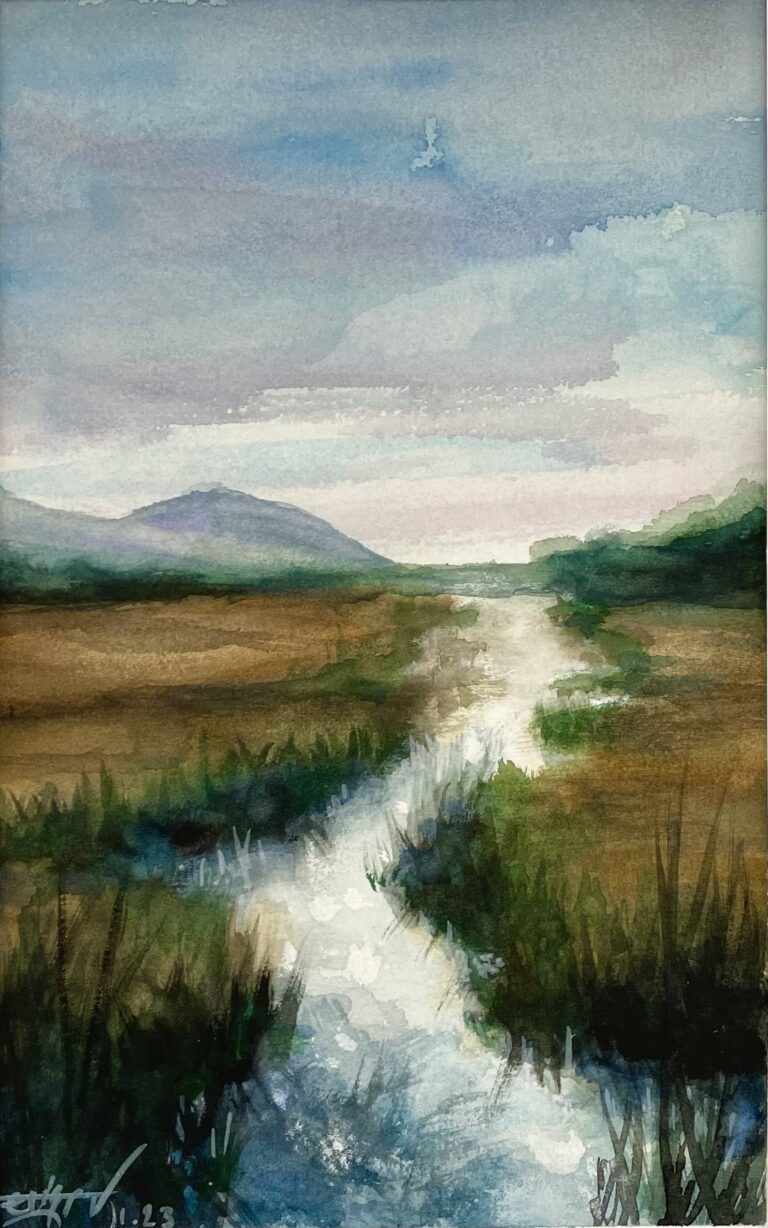 Watercolour landscape depicting reeds along a quiet river, soft light and natural tones.