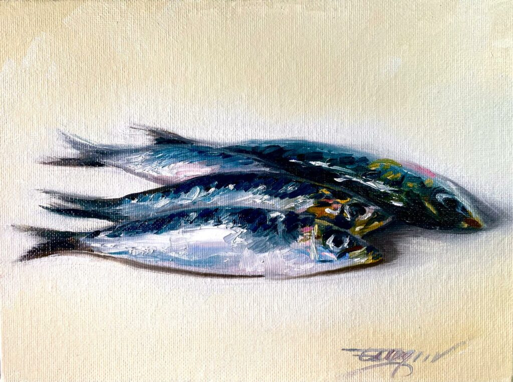 Still life oil painting of sardines on canvas board by Virginie Martin-Blaise