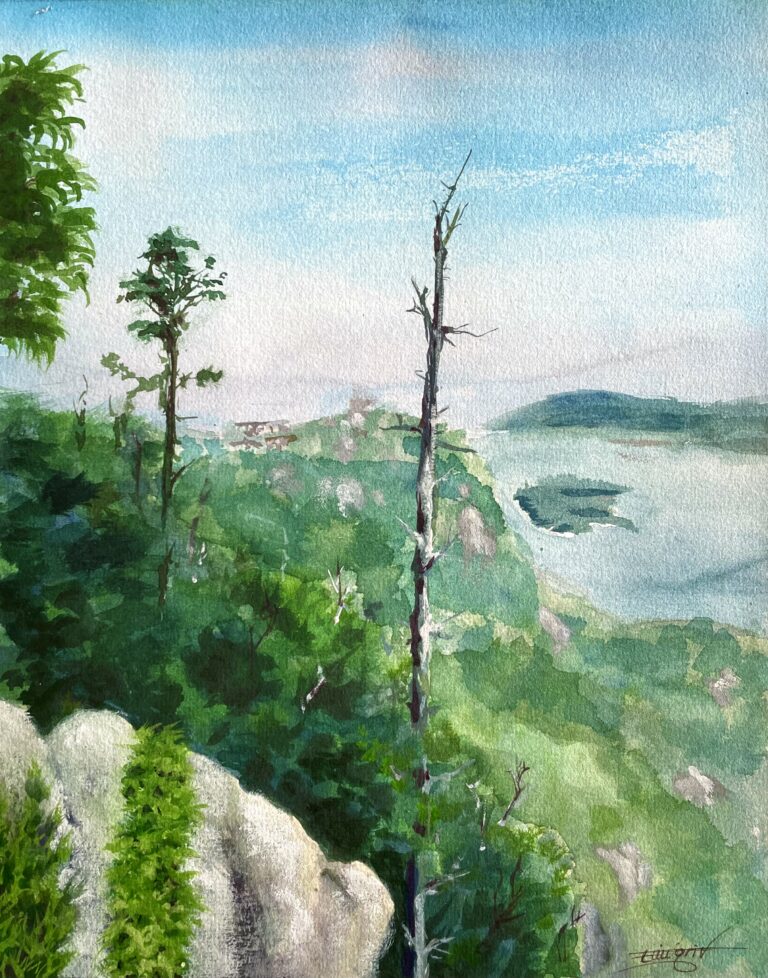 Watercolour landscape of Miyajima, Japan, viewed from Mount Misen, showing layered green hills, trees, and distant sea.
