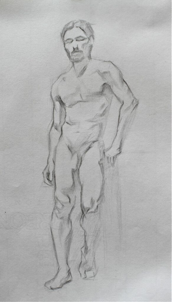 Pencil drawing of a standing male nude, life drawing study focusing on anatomy and posture.