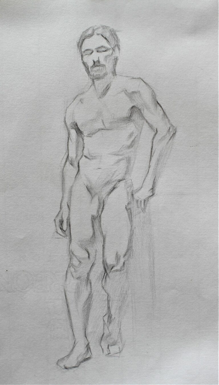 Pencil drawing of a standing male nude, life drawing study focusing on anatomy and posture.