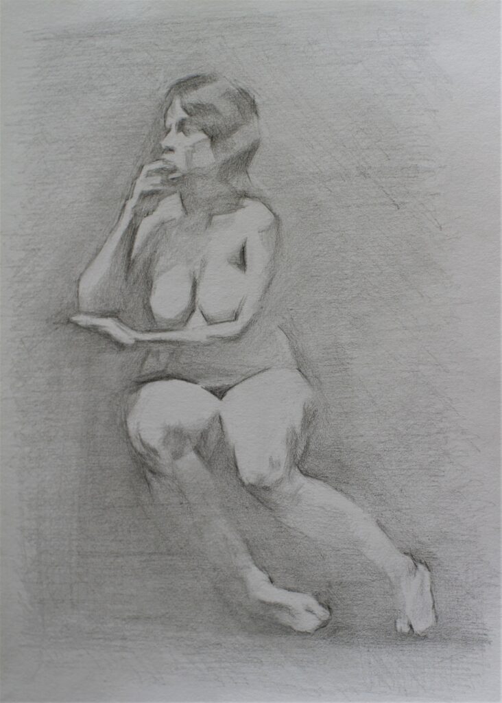 Seated female figure pencil drawing from life by Virginie Martin Blaise