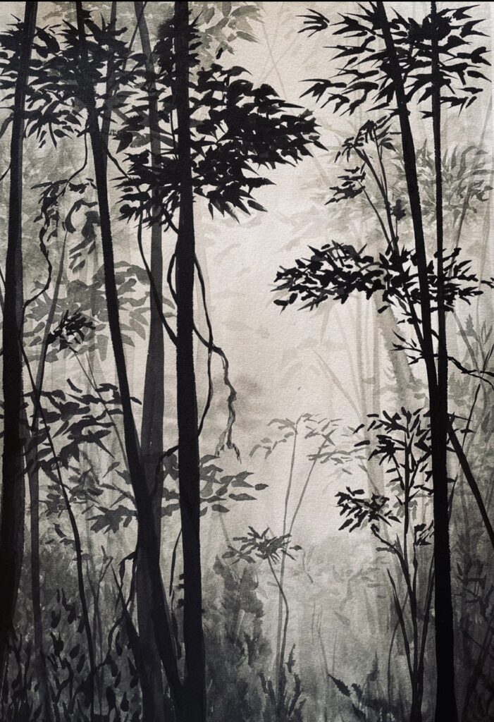 Indian ink painting depicting an imaginary tropical forest with tall trees, layered foliage, and a misty atmospheric depth.