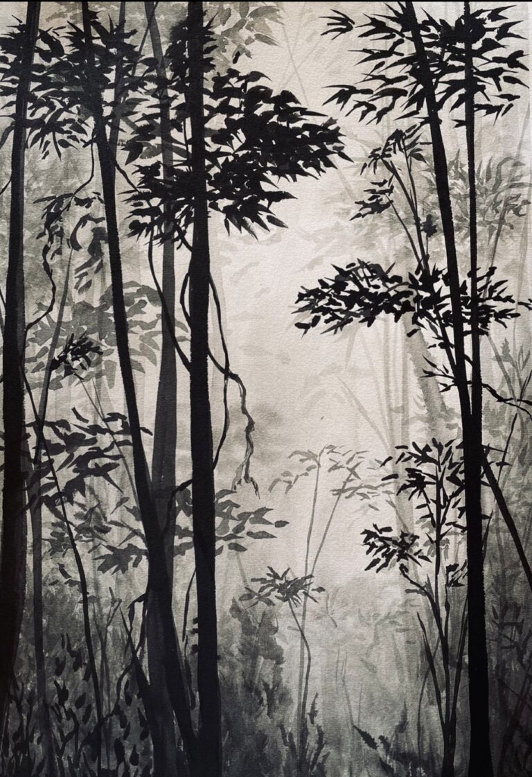 Indian ink painting depicting an imaginary tropical forest with tall trees, layered foliage, and a misty atmospheric depth.