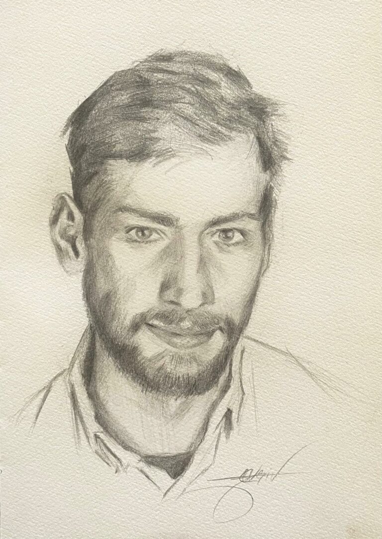 Pencil portrait of a young man with light eyes, drawn from life, by contemporary artist Virginie Martin-Blaise.